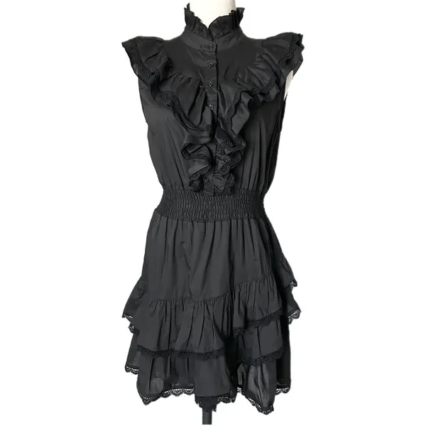 The Shirt by Rochelle Behrens Jill Mini Dress in Black Ruffle Lace Tiered Small - Image 2