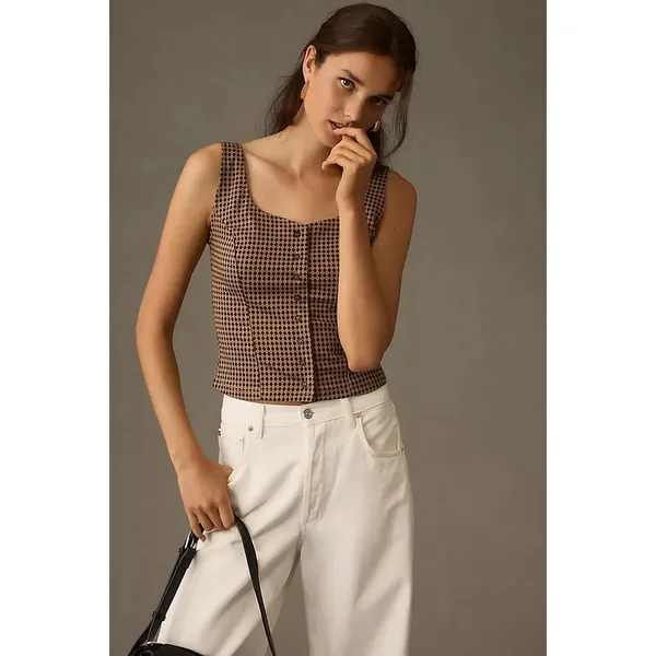 Maeve x Anthropologie Brown Checkered Jacquard Bustier Tank Top Size Large - Image 12