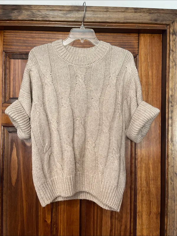Beige Cable Knit Short-Sleeve Sweater M/L - Image 4