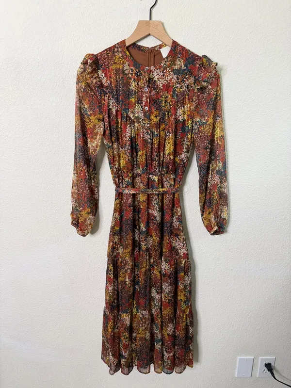 Greylin Printed Ruffle Chiffon Belted Midi Dress‎ Womens Size XS - Image 2