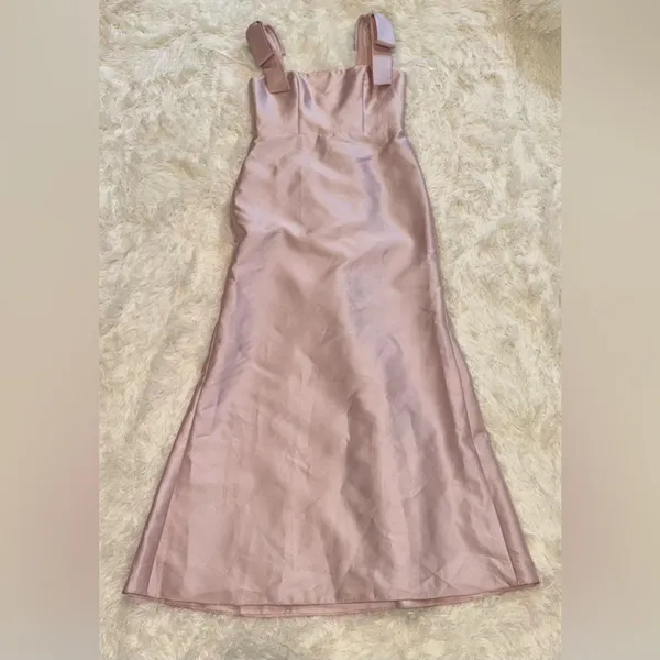 NWOT ALFRED SUNG ballet pink Bow Strap Satin Twill Trumpet Gown Sz 10 - Image 3