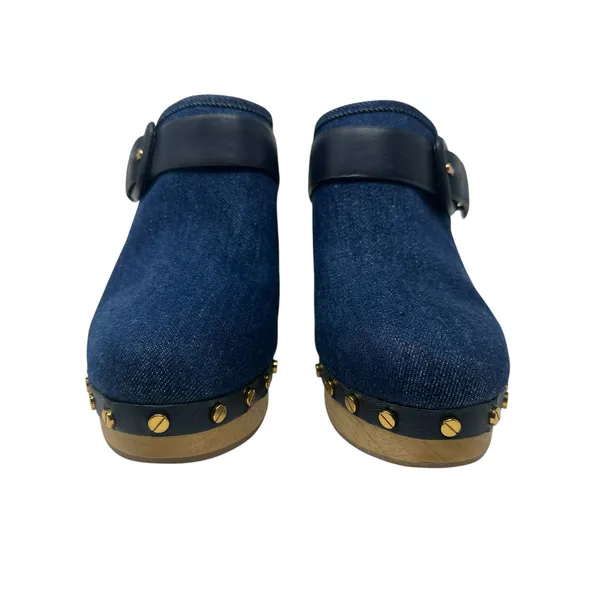 Veronica Beard Dacey Denim Clogs Heels Studded Buckle Wood Blue‎ Size 9.5 - Image 2