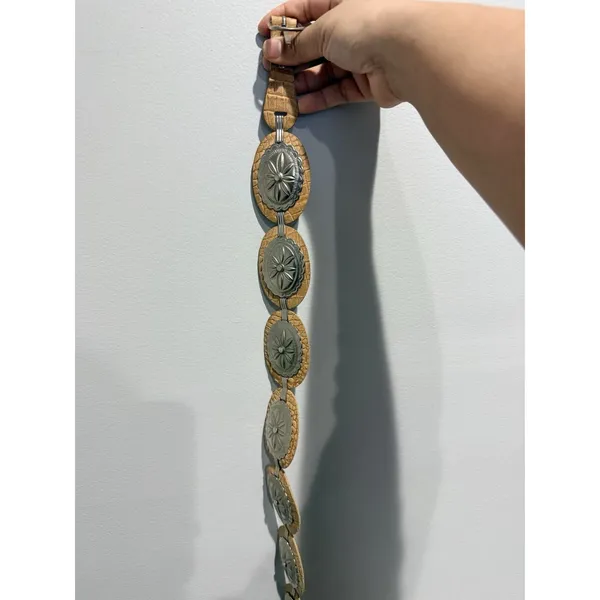 Southwestern Native Concho Leather Belt Silver Tone Tan Link 36.5" Cowboy Cowgir - Image 3