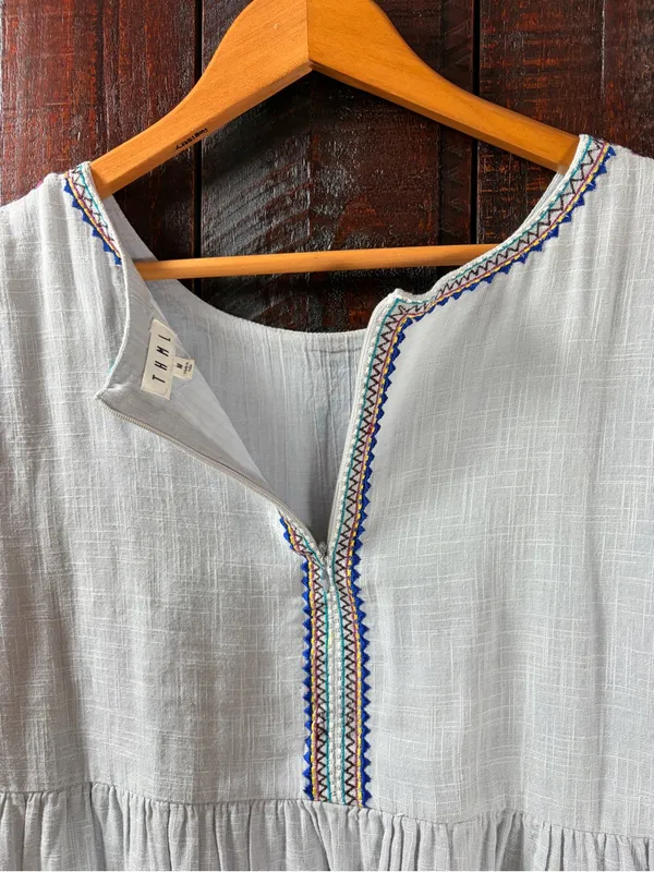THML Light Blue Embroidered Cotton Sundress with Multicolor Trim - Image 6