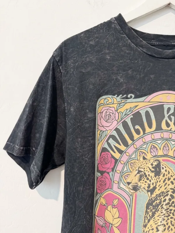 Wild & Free Graphic Boyfriend Tee Size Medium Mineral Wash Leopard Relaxed Fit - Image 3