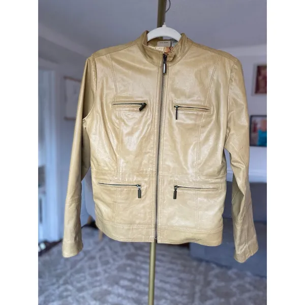 Ruff‎ Hewn Camel Leather Jacket Moto World Map-Lined Traveler Parisian Scandi - Image 2