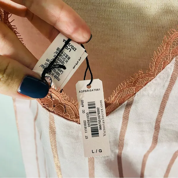 NWT Victoria’s Secret Striped Metallic Pink Flannel Lace V-Neck Cami tank - Image 5