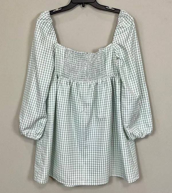 Gianni Bini Gingham Babydoll Dress Green & Ivory Long Sleeve Sz 12 NWT Kennedy - Image 7