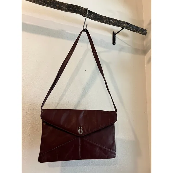 Vintage Justin Burgundy Genuine Cowhide Leather Horseshoe Detail Shoulder Bag - Image 8