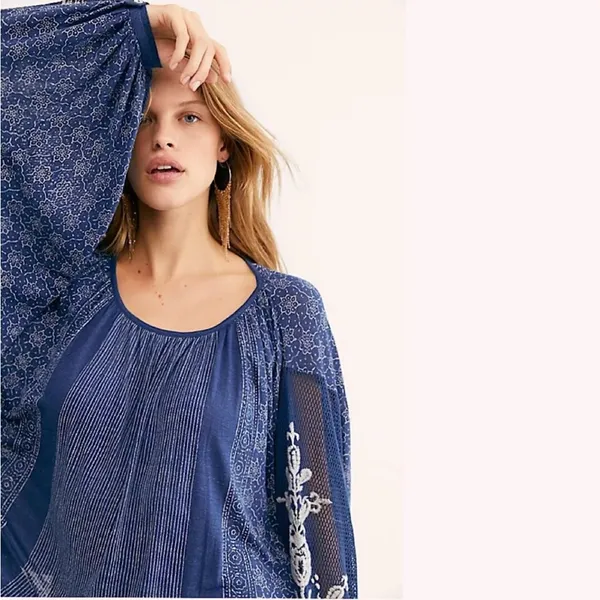 Free People Indigo Dreams Oversized Tunic Top Navy Blue Small NEW Boho Chic - Image 2