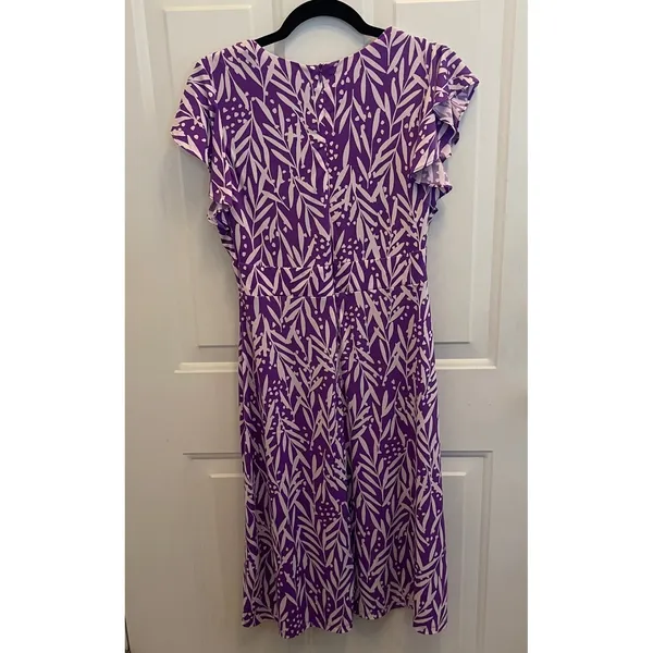London Times Purple‎ White Leaf Print Flutter Sleeve V-Neck Midi Dress Womens 6 - Image 5