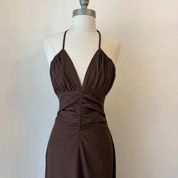 Riot Swim Dani Halter Maxi Dress S Ruched Backless Linen Resort Beach Brown NWT - Image 5