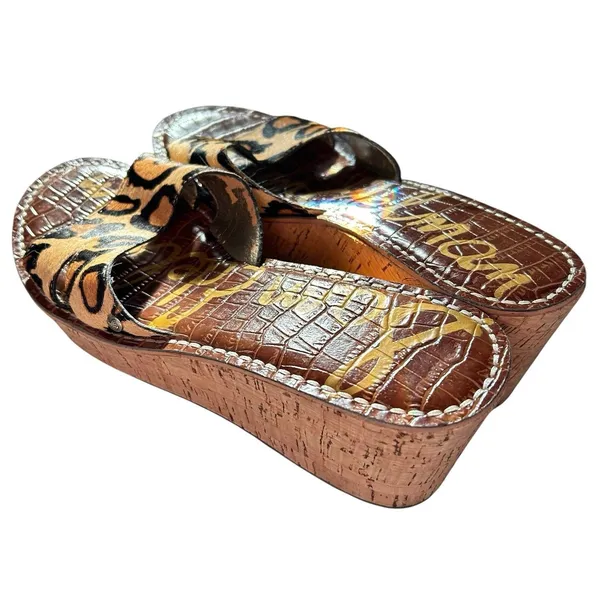 Womens Sam Edelman US Size 9 Eur 40 Leather Leopard Print Cork Wedge Slip On... - Image 2