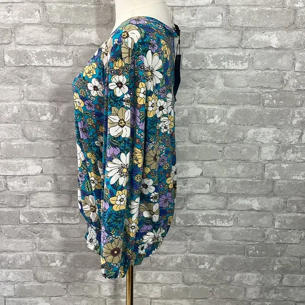 Eclair Floral Button Down Smocked Top Blue Size L - Image 4