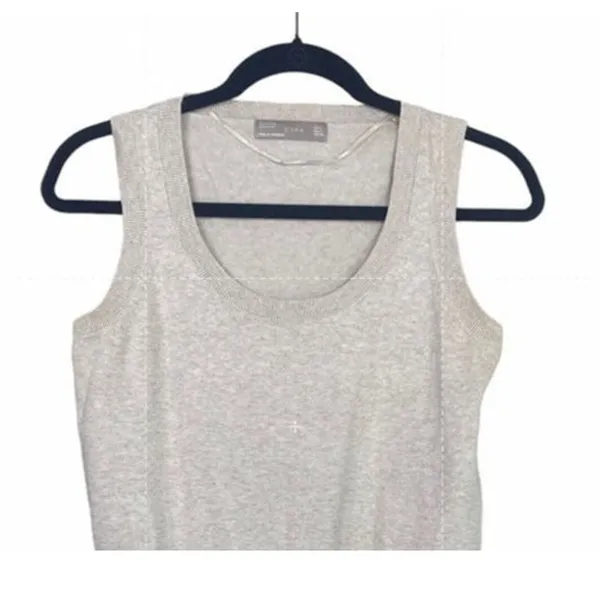 ZARA Sleeveless Cotton Knit Sweater Vest Rib Trim Pullover Lightweight L Cream - Image 2