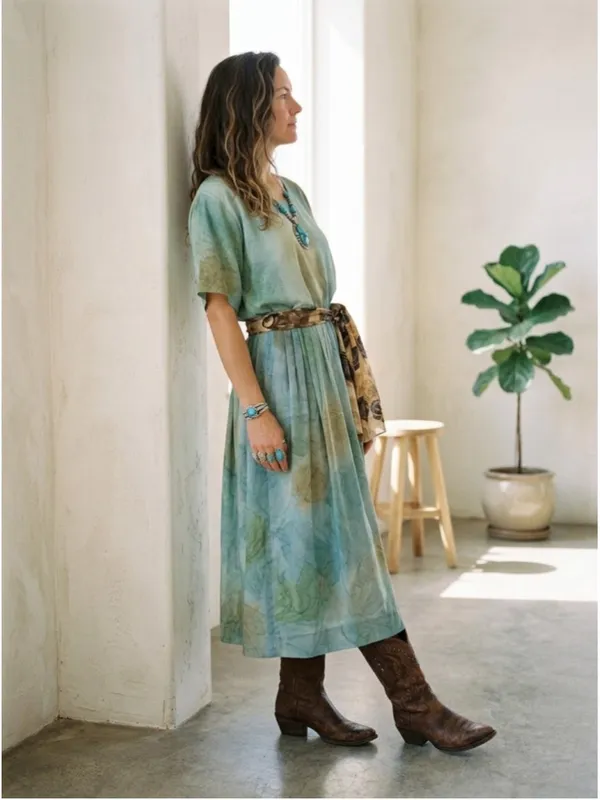 Vintage 80s 90s Bohemian Earthy Green Paisley Midi Dress with Tie Waist S M - Image 2