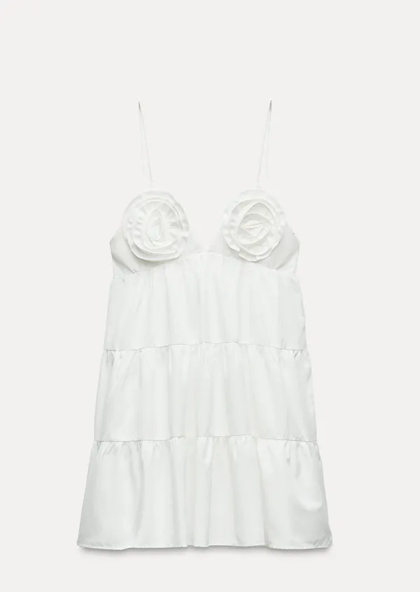 Zara dress mini Boho floral ruffle Poplin flowy cotton white summer vacation - Image 10