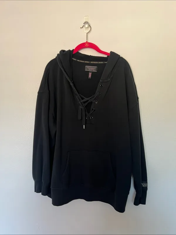 EUC Victoria's Secret Black Lace-Up Hooded Sweatshirt sz XL - Image 2