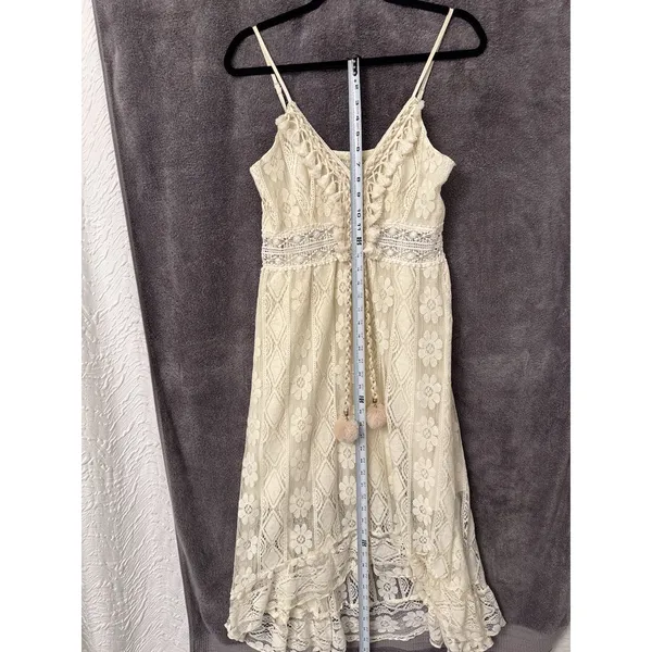 Cream Bohemian Dress Boho Floral Lace Crochet Pom Pom High Low Neutral Resort - Image 4
