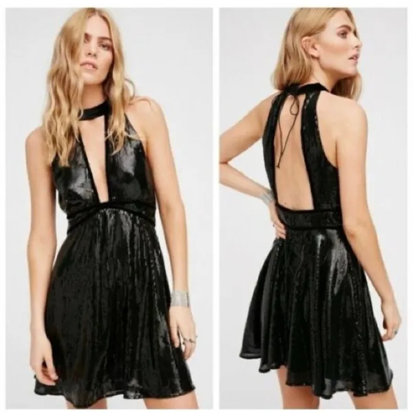 Free People Size 4 Mini Dress‎ Black "Film Noir" Sleeveless Sequins Plunge - Image 3
