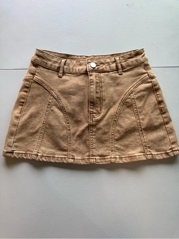 Y2K style High-Waist A-Line Tan Denim Mini Skirt - Image 4