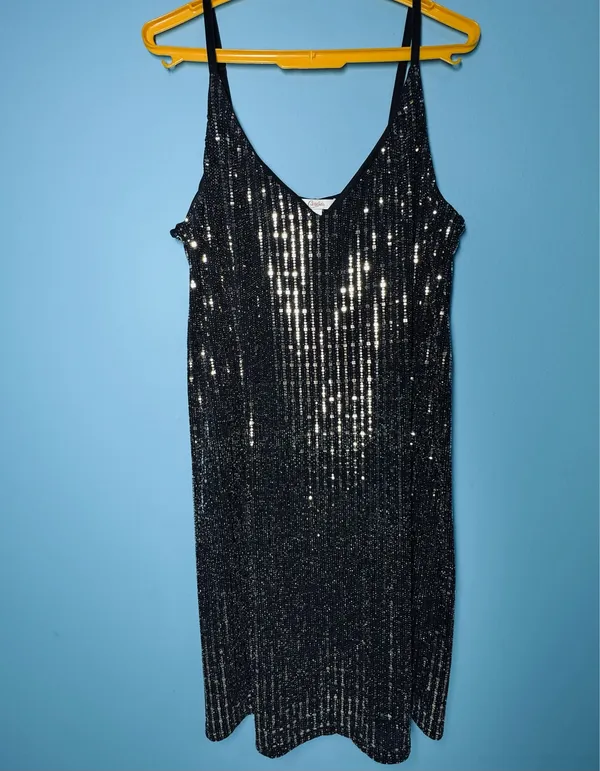 Candie's XL Black and Gold Sequin Striped V-Neck Slip Dress - Image 7