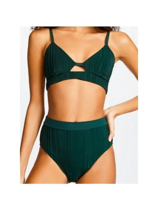 NEW Tavik Pernille High Waisted Bikini Bottom L Pine Green Metallic Stripe Swim - Image 4