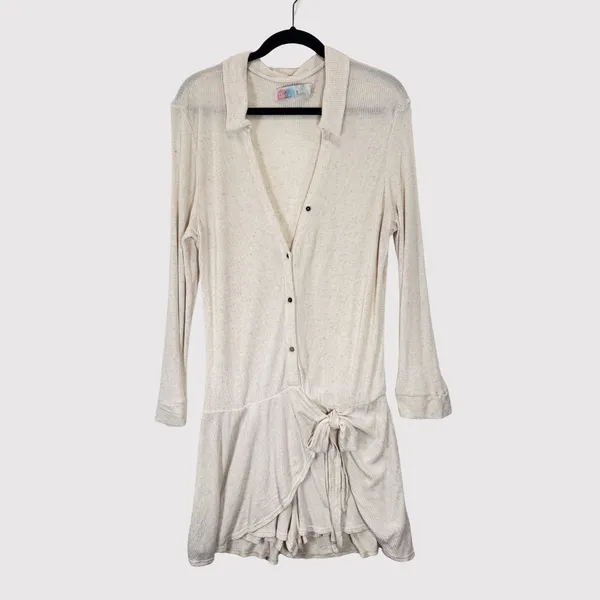 FP Beach x Revolve Lively Women Romper Beige Linen Ribbed V Neck Waist Tie Small - Image 2