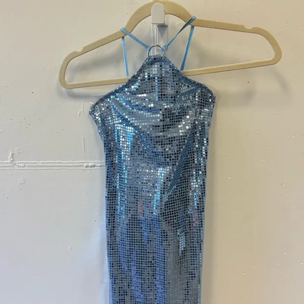 NWT Hosbjerg Sequin‎ Melina Halter Bodycon Midi Dress Winter Sky Blue XS Stretch - Image 5