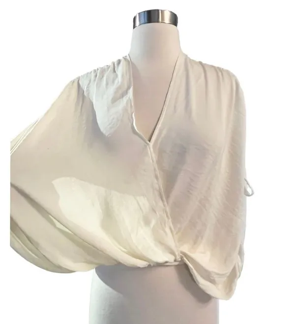 FREE PEOPLE Rachel Silky Top Ivory V-Neck Slinky Jersey Cropped Medium NWOT - Image 6