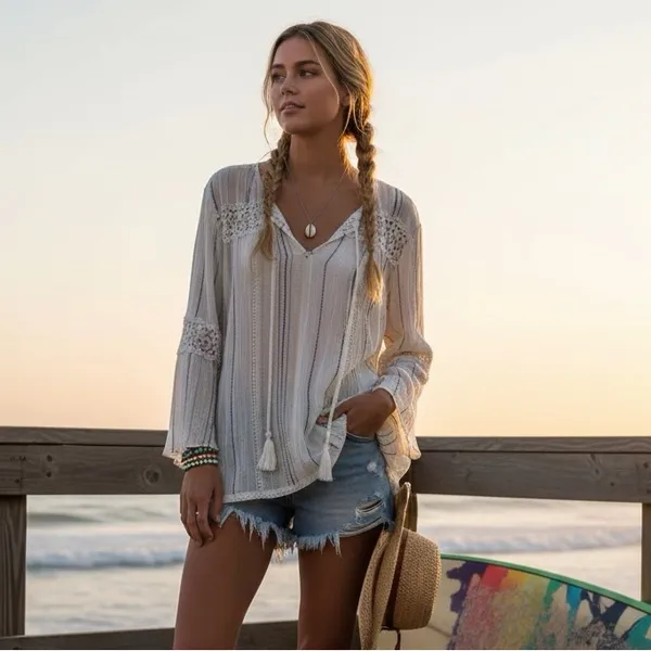 Surf Gypsy Boho Gauze Stripe Bell Sleeve Blouse Crochet Tassel V-Neck Top Small - Image 2