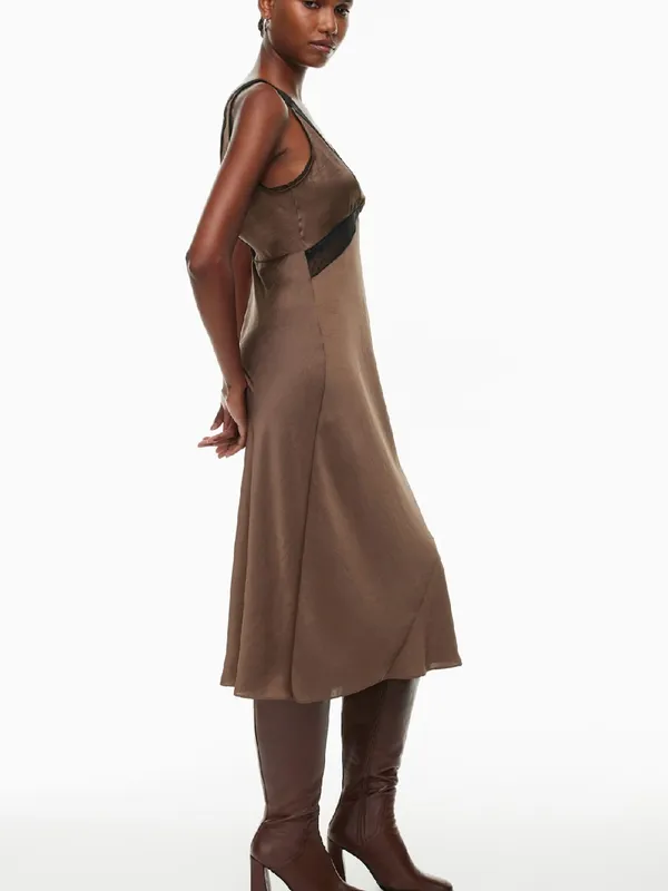 House Of Harlow 1960 Brown Satin Maxi Dress With Black Lace Trim size Large $198 - Image 3