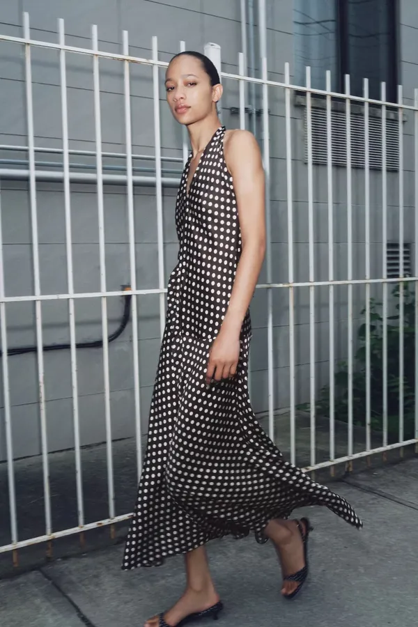 Zara Elegant Brown and White Polka Dot Halter maxi flowy Dress - Image 10