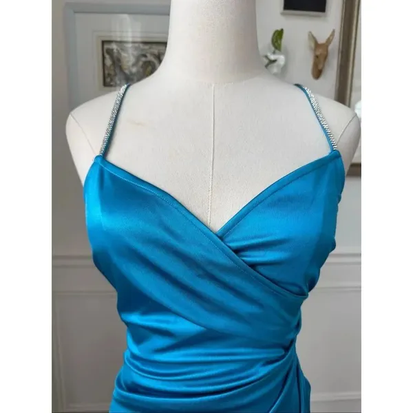 Camille La Vie Brilliant Blue Satin Ruched Cocktail Dress Rhinestone Straps M - Image 3