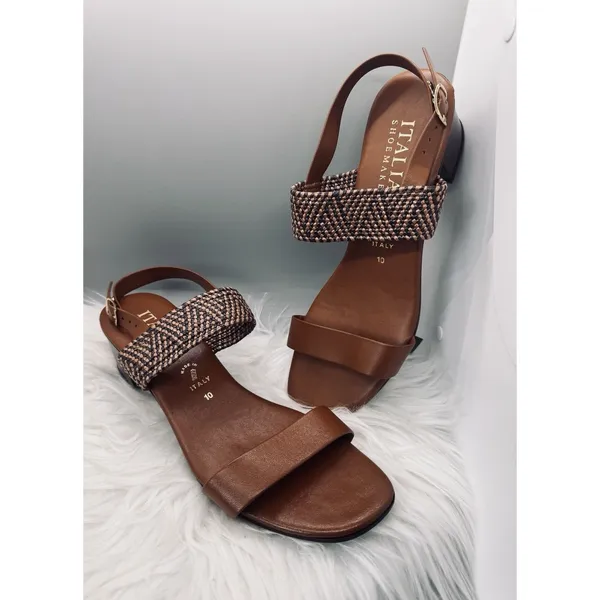 Italian Shoemakers Sandal Womens Size 10 Brown Woven Slingback Italy Block Heel - Image 2