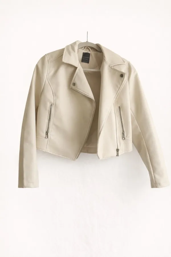 Cream faux leather moto jacket  - Image 3