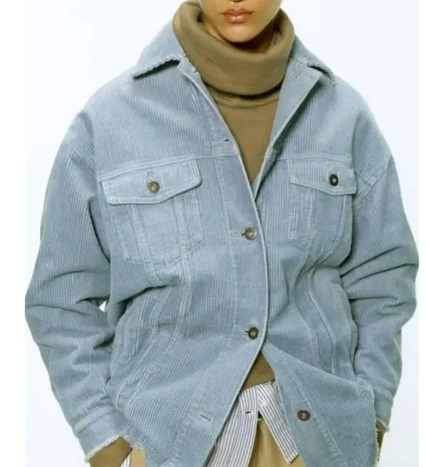 Zara Oversized Corduroy Trucker Jacket Womens XS Baby Blue Raw Hem Gorpcore 90s - Image 2