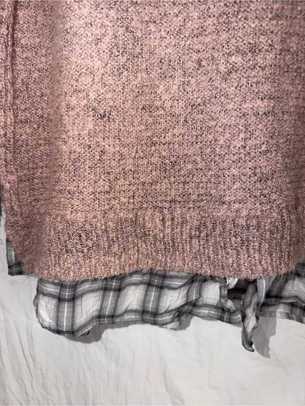 Sonoma Life + Style Layered Look Knit Sweater Plaid Hem Pink Gray Size XL - Image 3