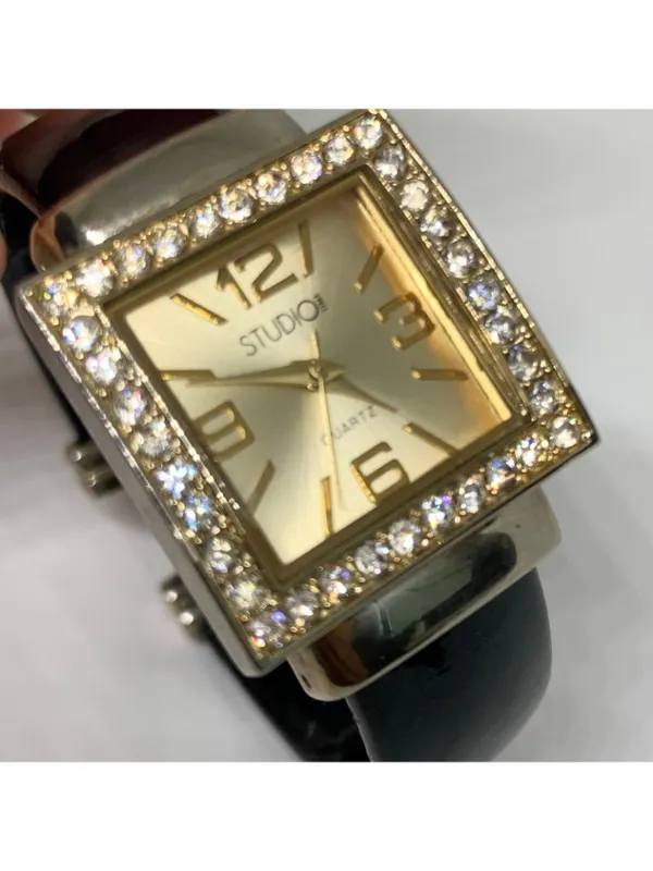 Studio women’s watch gold tone rhinestones 26mm quartz analog cuff band running - Image 2