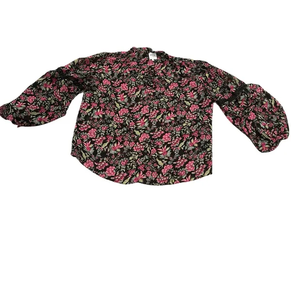 Misa Los Angeles Alicia Floral Coquette Prairie Blouse Vneck Ties Pink Black L - Image 5