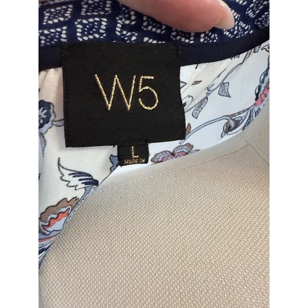 W5 Floral Boho V-Neck Blouse Cream Blue Orange Geometric Trim Short Sleeve Large - Image 4