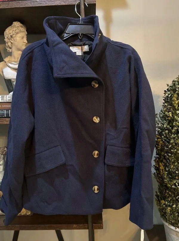 NOIZE Elettra Short Length Vegan Wool Coat Navy Womens Size Large - Image 6