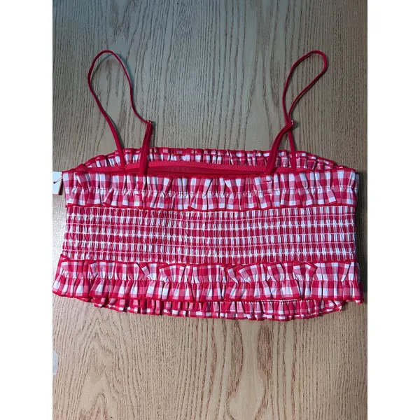 New Womens Colsie Checkered Daisy Duke Tube Top Shelf Bra Cotton Red White Small - Image 2