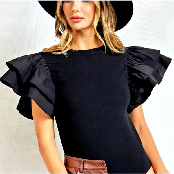 Zara Puff Sleeve Ribbed Bodysuit - Black - size S - Image 3