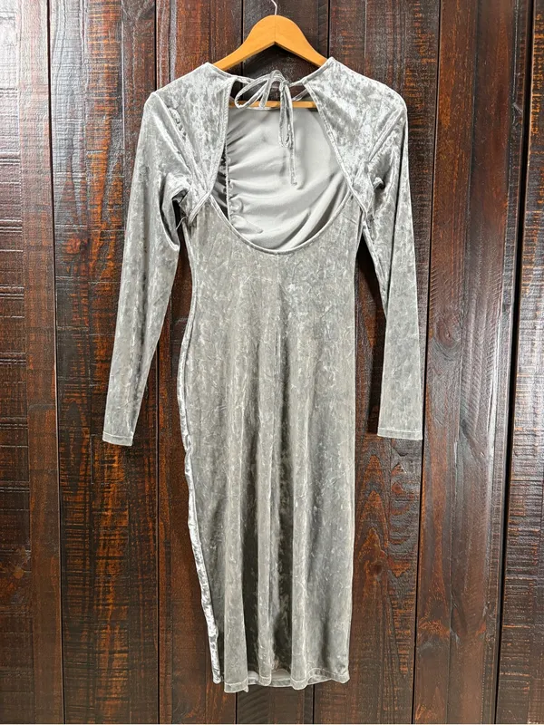 Future Collective Silver Ruched Velvet Long Sleeve Midi Dress - Image 5