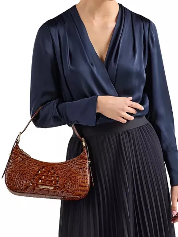 Brahmin Kyrie Jardim Woven Raffia & Embossed Leather Buckled Snap Shoulder Bag - Image 9