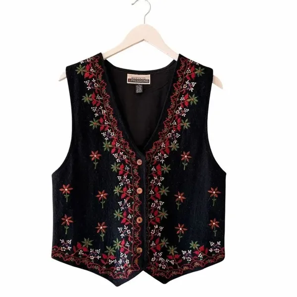 Body Xpressions Vintage Button Front Lined Vest Wool Blend Floral SZ M #2588 - Image 2
