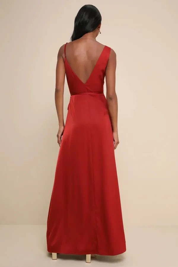 Lulus Poised Sophistication Rust Red Satin Wrap Maxi Dress - NWT - Size M - 63" Length - Image 2