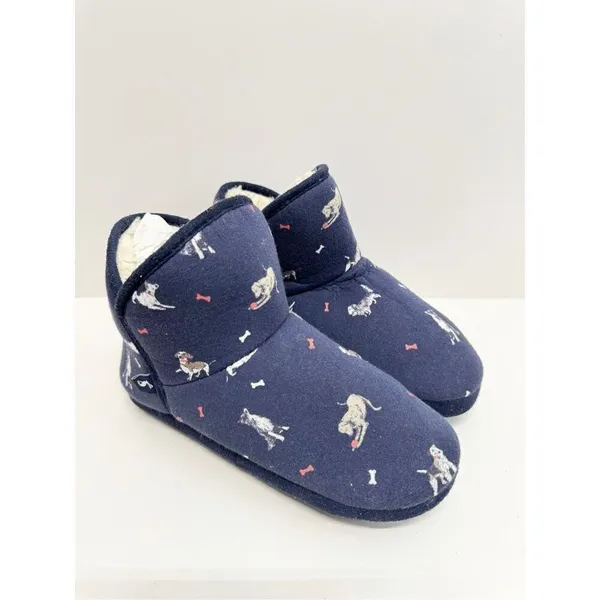 Joules Winter Cozy Slippers Size 6 US Blue Dog Print Faux Fur Pull On Style - Image 2