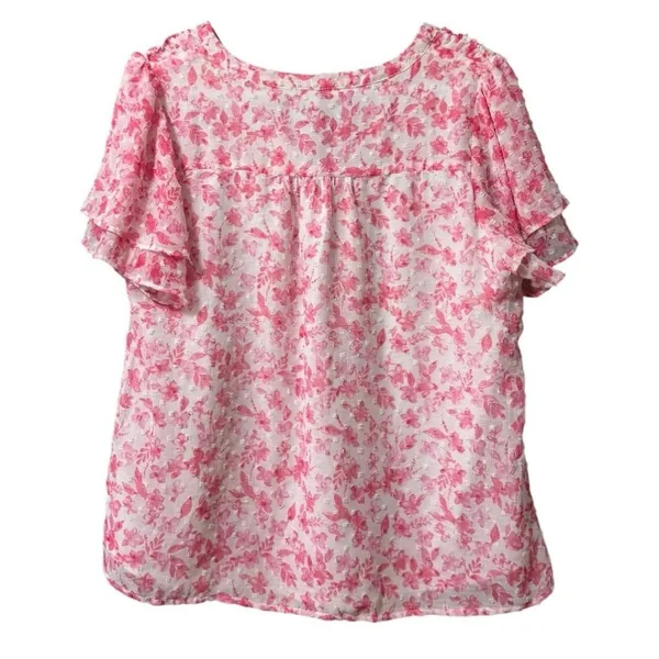 Skies Are Blue White and Pink Floral Print Smocked Flutter Sleeve Blouse Medium‎ - Image 2